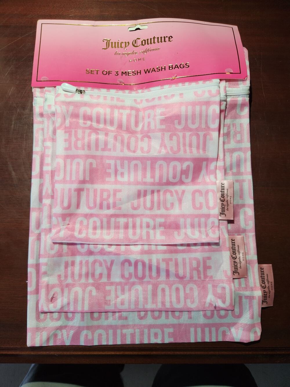 Juicy Couture Set Of 3 Pink Mesh Wash Bags NEW